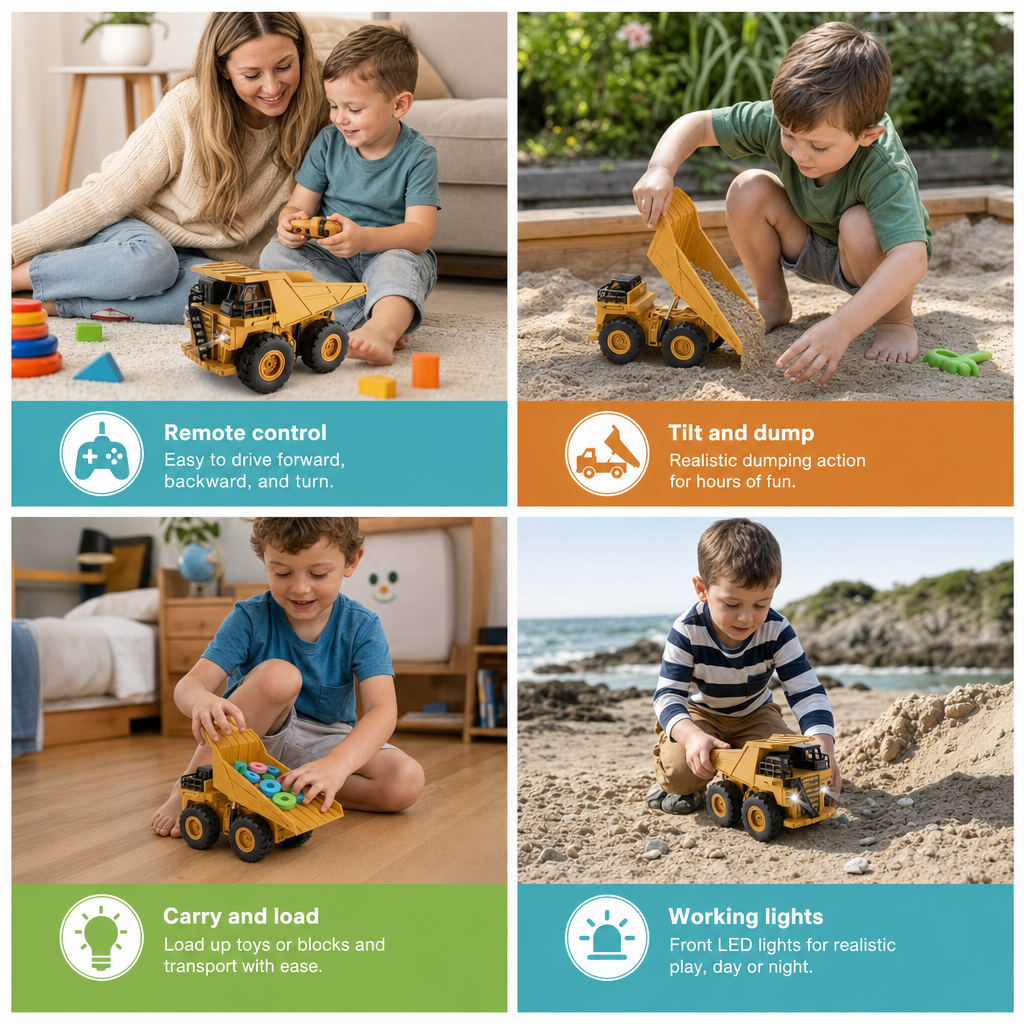 Remote-Controlled Dump Truck with Lights – Construction Vehicle Toy