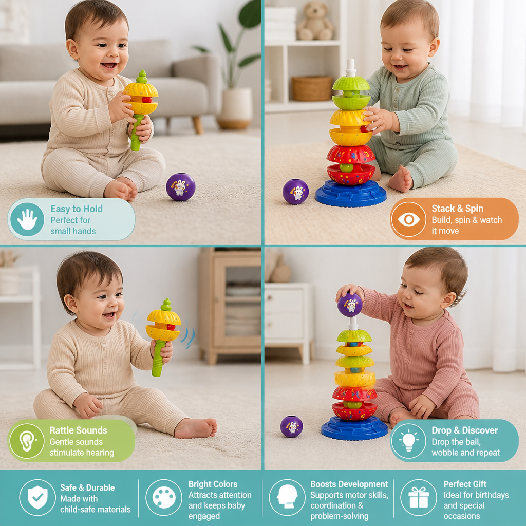 2-in-1 Interactive Rotating Stack & Ball Drop Tower with Rattle for Kids