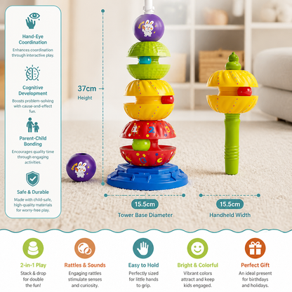 2-in-1 Interactive Rotating Stack & Ball Drop Tower with Rattle for Kids