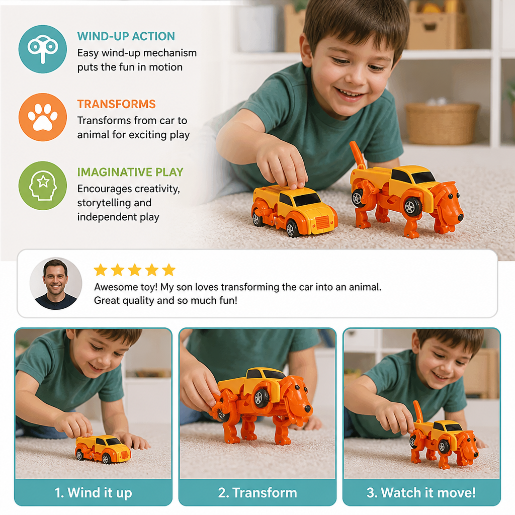 Wind-Up Transforming Animal Car Toy