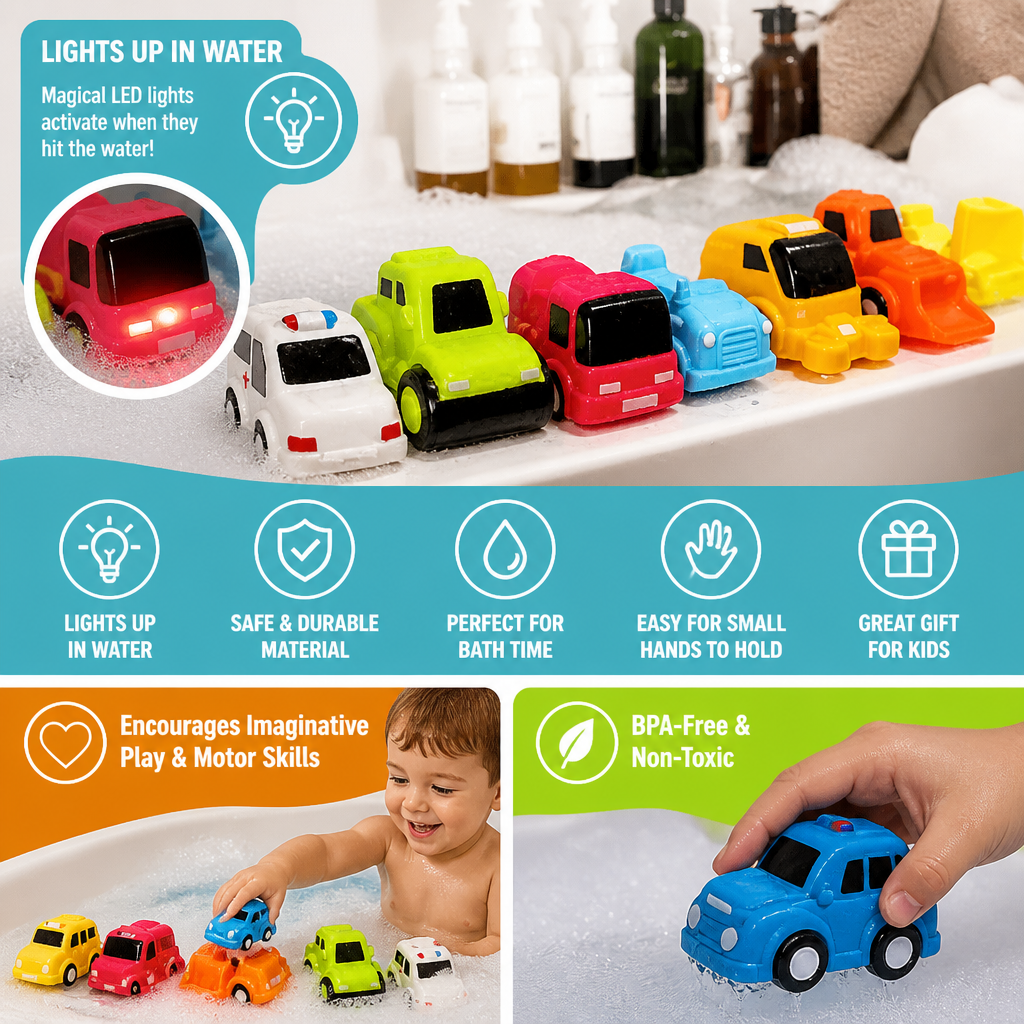 Light-Up Bath Toy Car Set – Water-Activated Baby Bath Toys