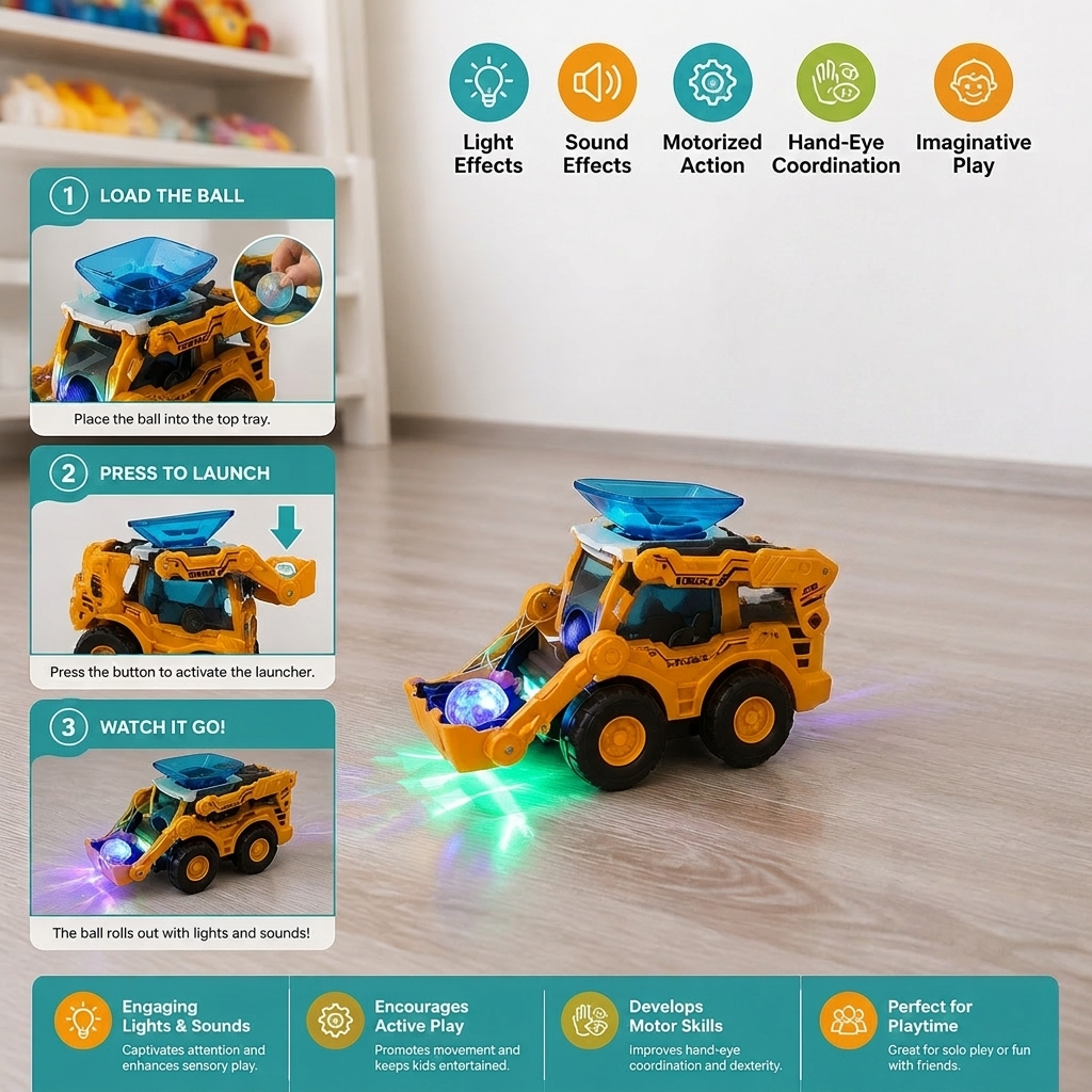 Interactive Light-Up Construction Bulldozer with Ball Launcher for Kids