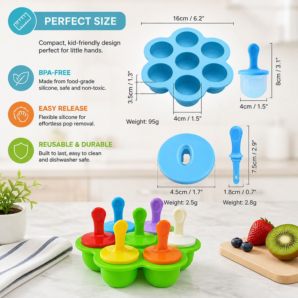 7-Piece Silicone Popsicle Mold – Reusable Ice Pop Maker for Kids