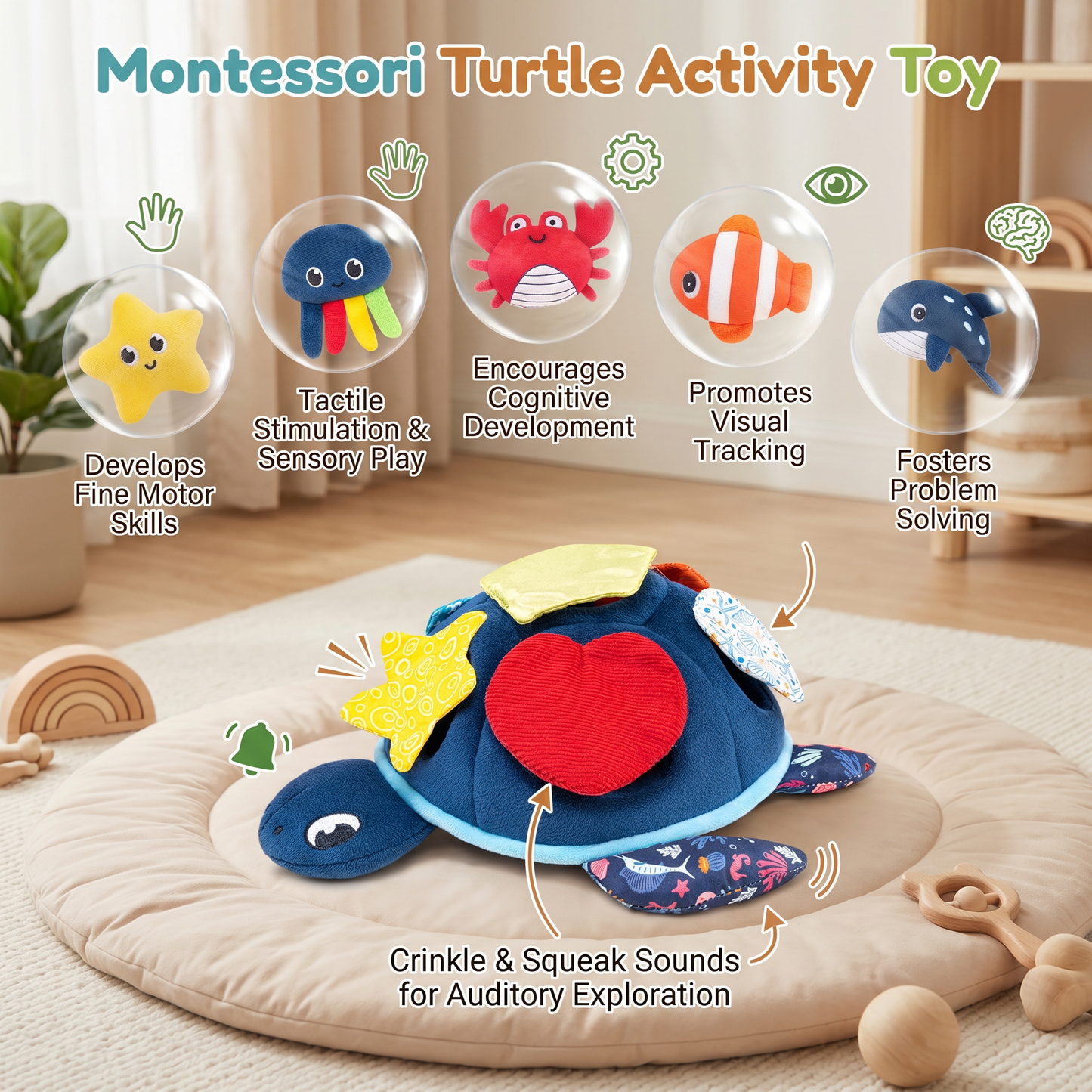 Montessori Turtle Activity Toy – Soft Sensory Play for Kids