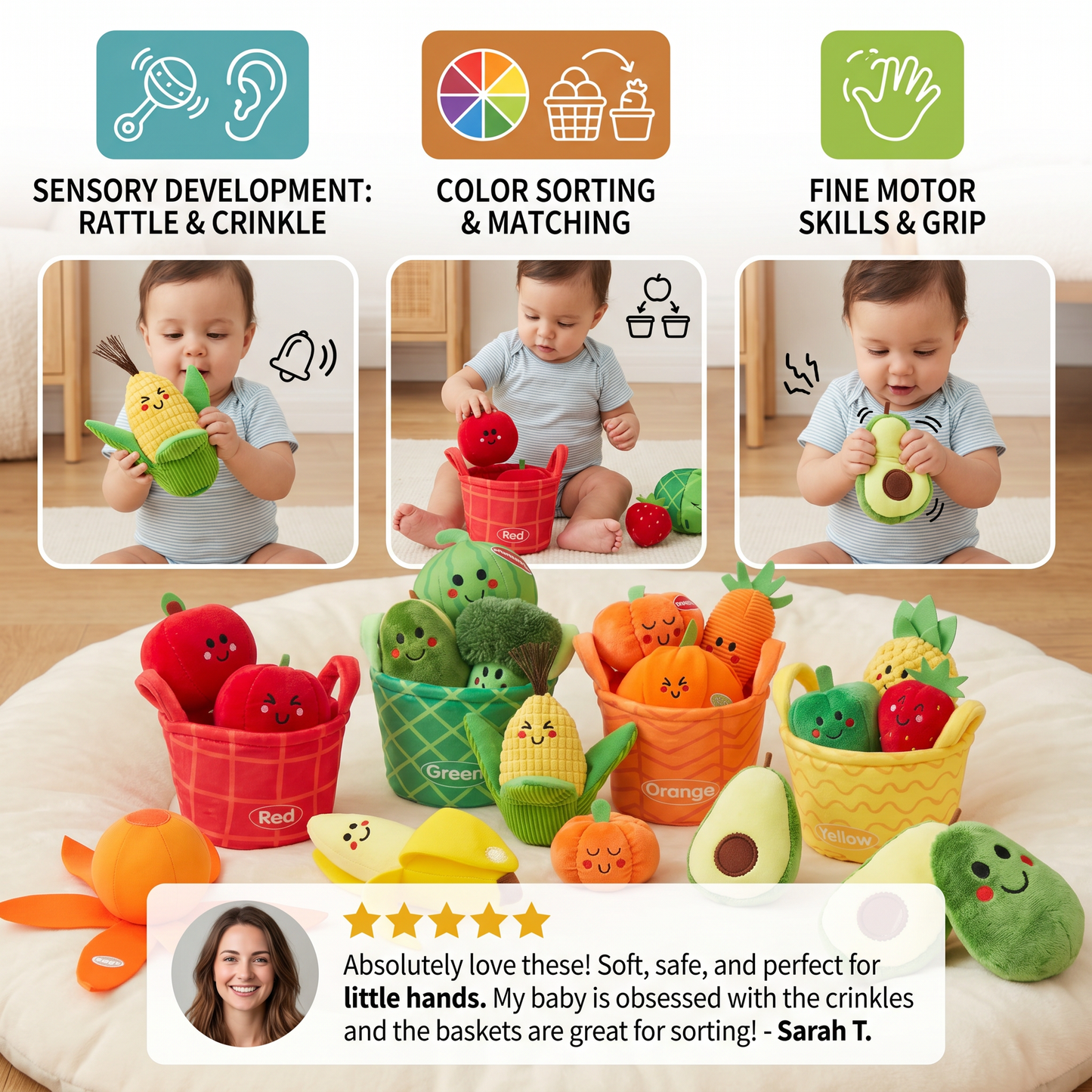 Soft Fruit & Vegetable Learning Toy for Babies – 4-Pack Color Sorting Set with Rattle and Crinkle Effect