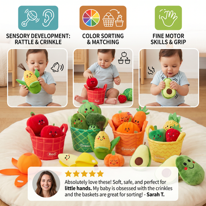 Soft Fruit & Vegetable Learning Toy for Babies – 4-Pack Color Sorting Set with Rattle and Crinkle Effect