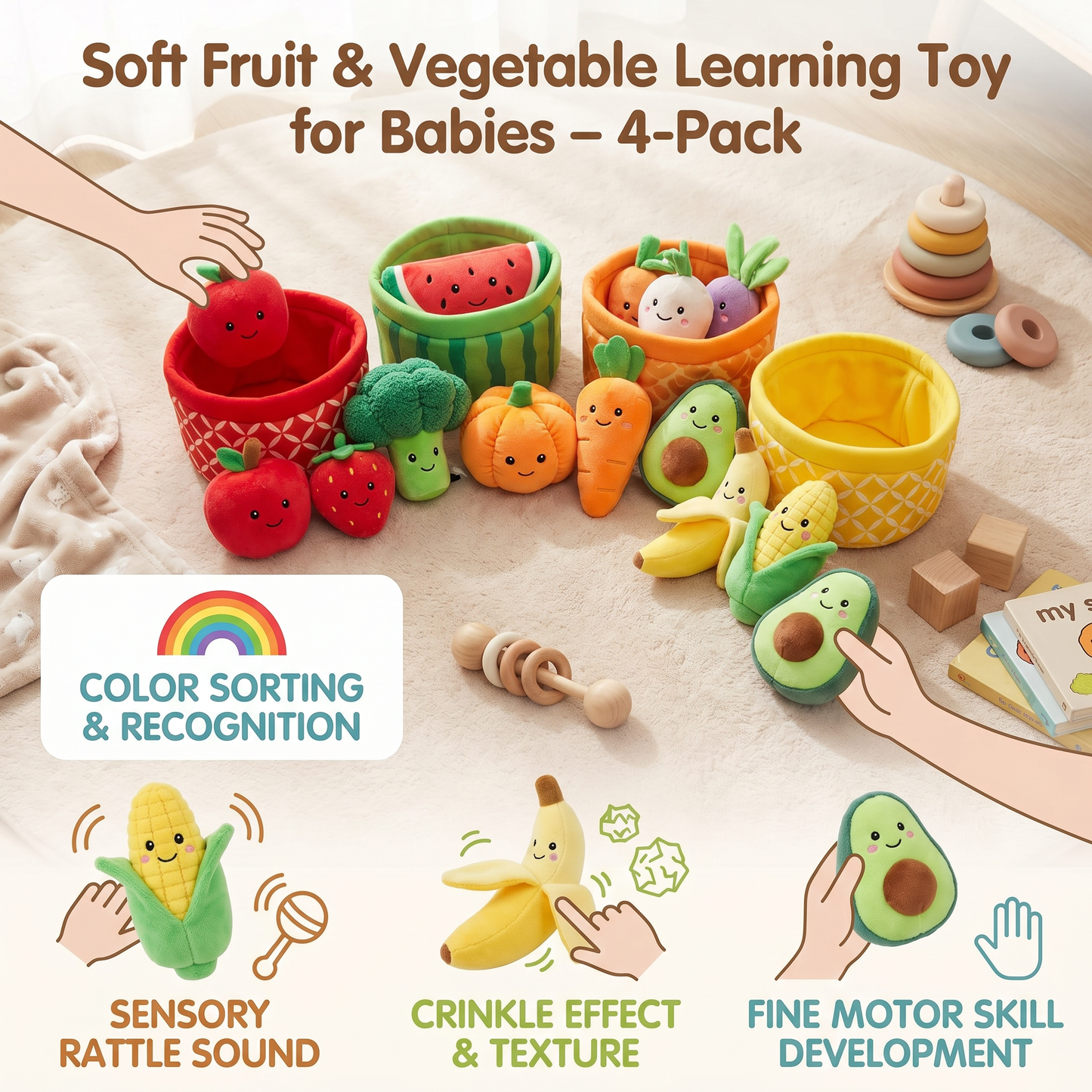Soft Fruit & Vegetable Learning Toy for Babies – 4-Pack Color Sorting Set with Rattle and Crinkle Effect