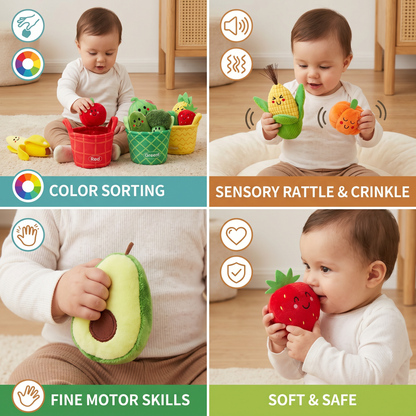 Soft Fruit & Vegetable Learning Toy for Babies – 4-Pack Color Sorting Set with Rattle and Crinkle Effect