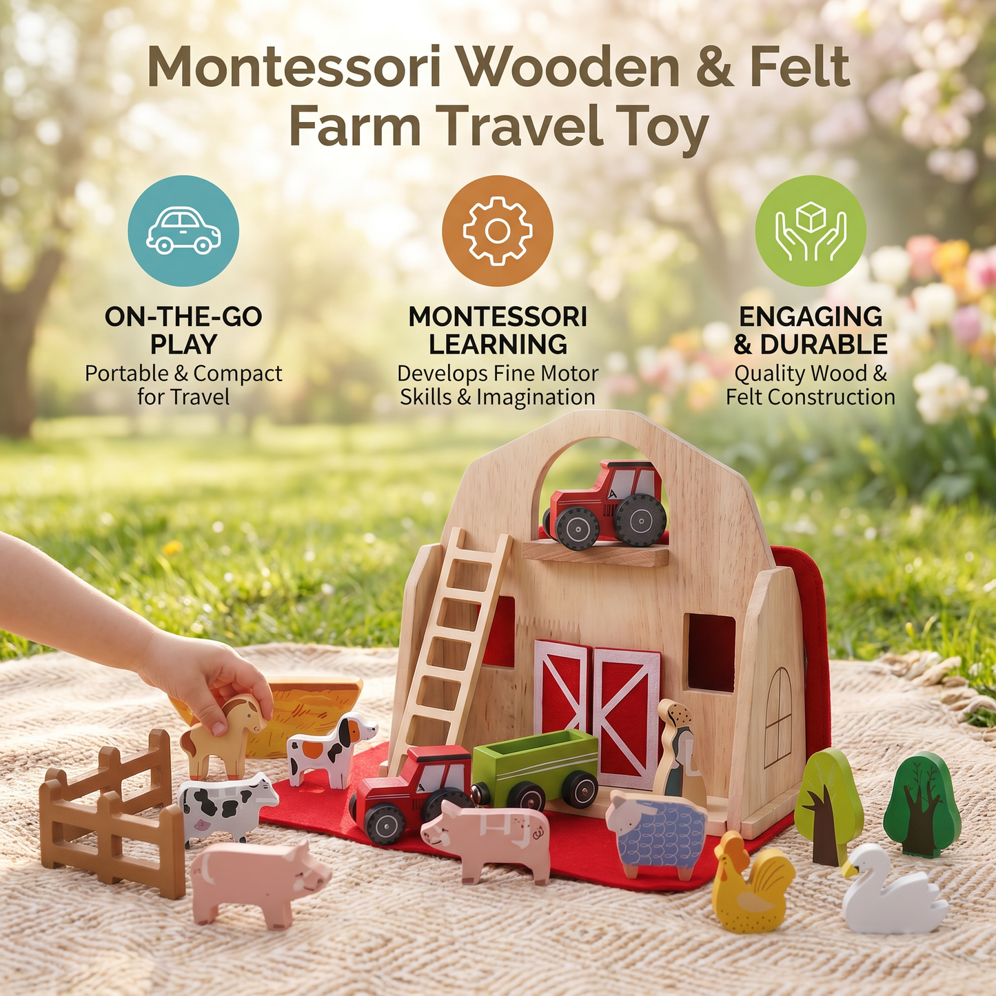 Montessori Wooden & Felt Farm Travel Toy – Perfect for On-the-Go Play