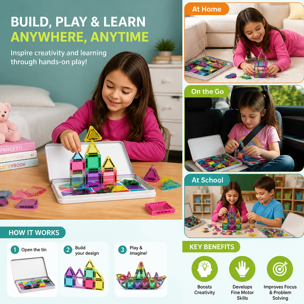 Compact Magnetic Tiles – 40-Piece Montessori Travel Set