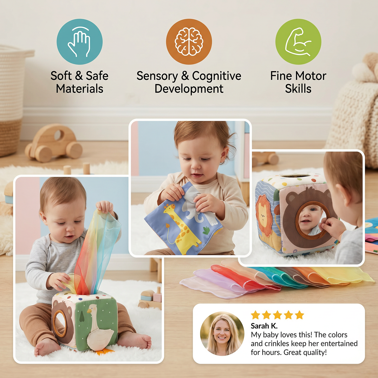 Montessori Baby Sensory Tissue Box – Soft Crinkle & Touch Activity Toy