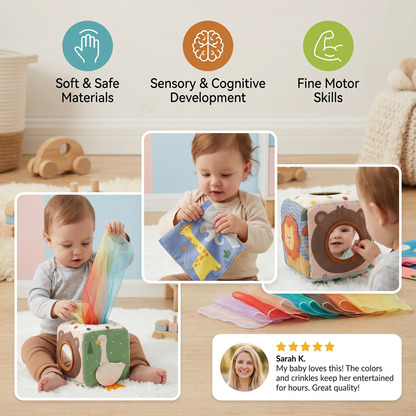Montessori Baby Sensory Tissue Box – Soft Crinkle & Touch Activity Toy