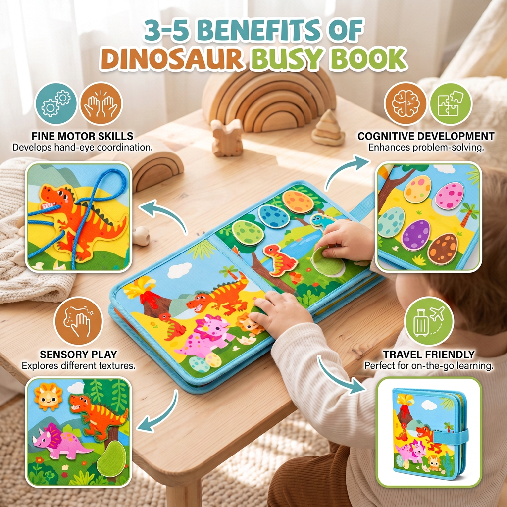 8-in-1 Montessori Dinosaur Busy Board Activity Book for Toddlers