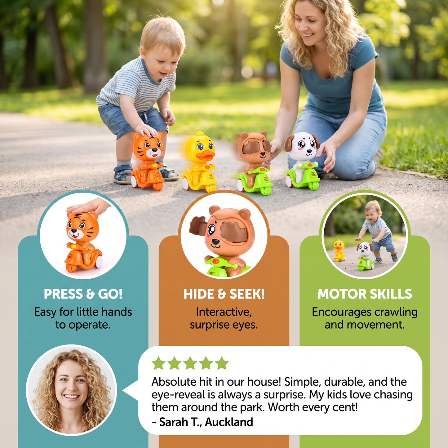 Press & Go Animal Motorcycle Toy – Cute Hide-and-Seek Character Car