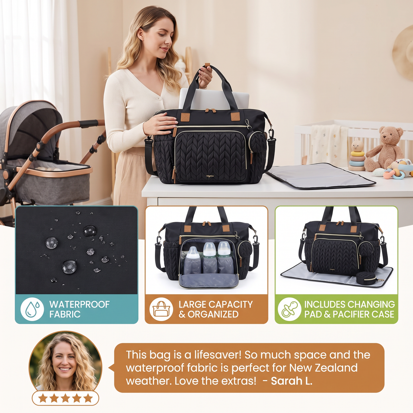 Lightweight Waterproof Diaper Tote Bag – Large Capacity with Changing Pad & Pacifier Case