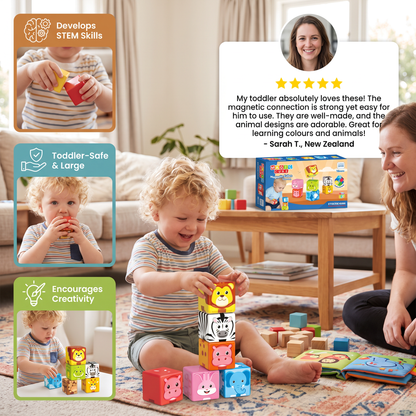 Toddler-Safe 4.2 cm Safari Animal Magnetic Building Cubes – STEM Learning Blocks