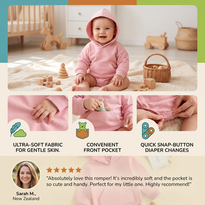 Hooded Baby Romper – Soft Long Sleeve Onesie with Front Pocket