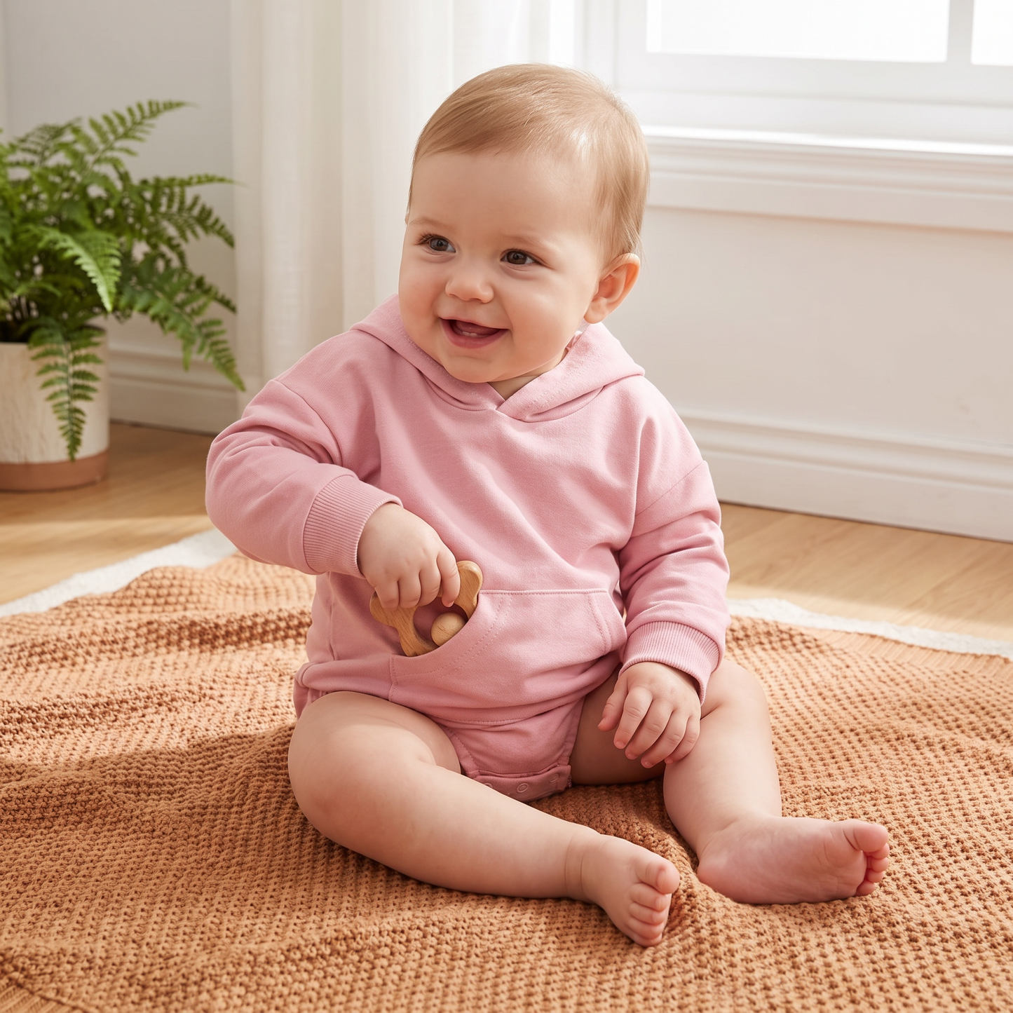 Hooded Baby Romper – Soft Long Sleeve Onesie with Front Pocket