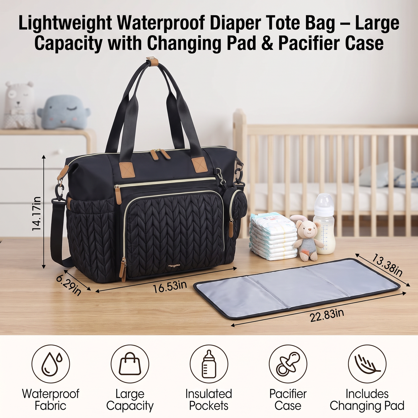 Lightweight Waterproof Diaper Tote Bag – Large Capacity with Changing Pad & Pacifier Case