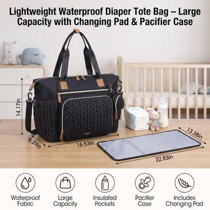 Lightweight Waterproof Diaper Tote Bag – Large Capacity with Changing Pad & Pacifier Case