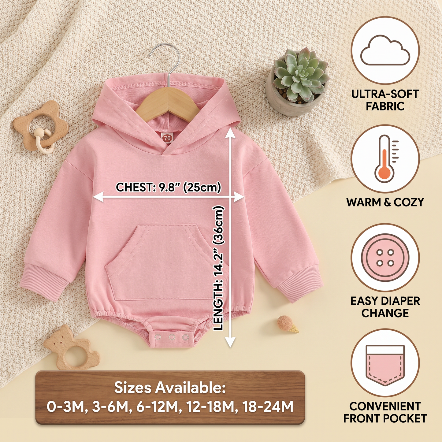 Hooded Baby Romper – Soft Long Sleeve Onesie with Front Pocket