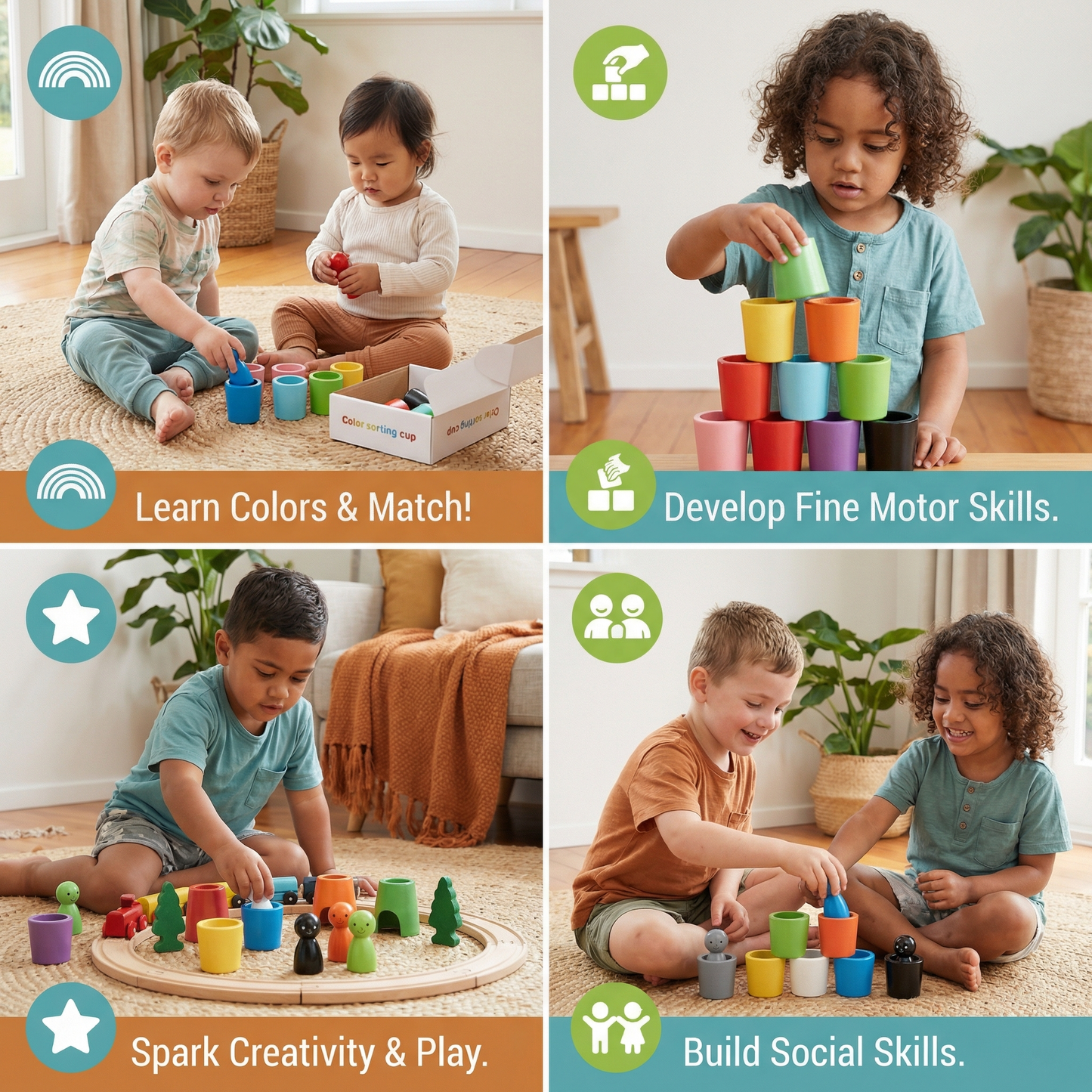 Montessori Colour Sorting Cups Learning Toy Made of Wood