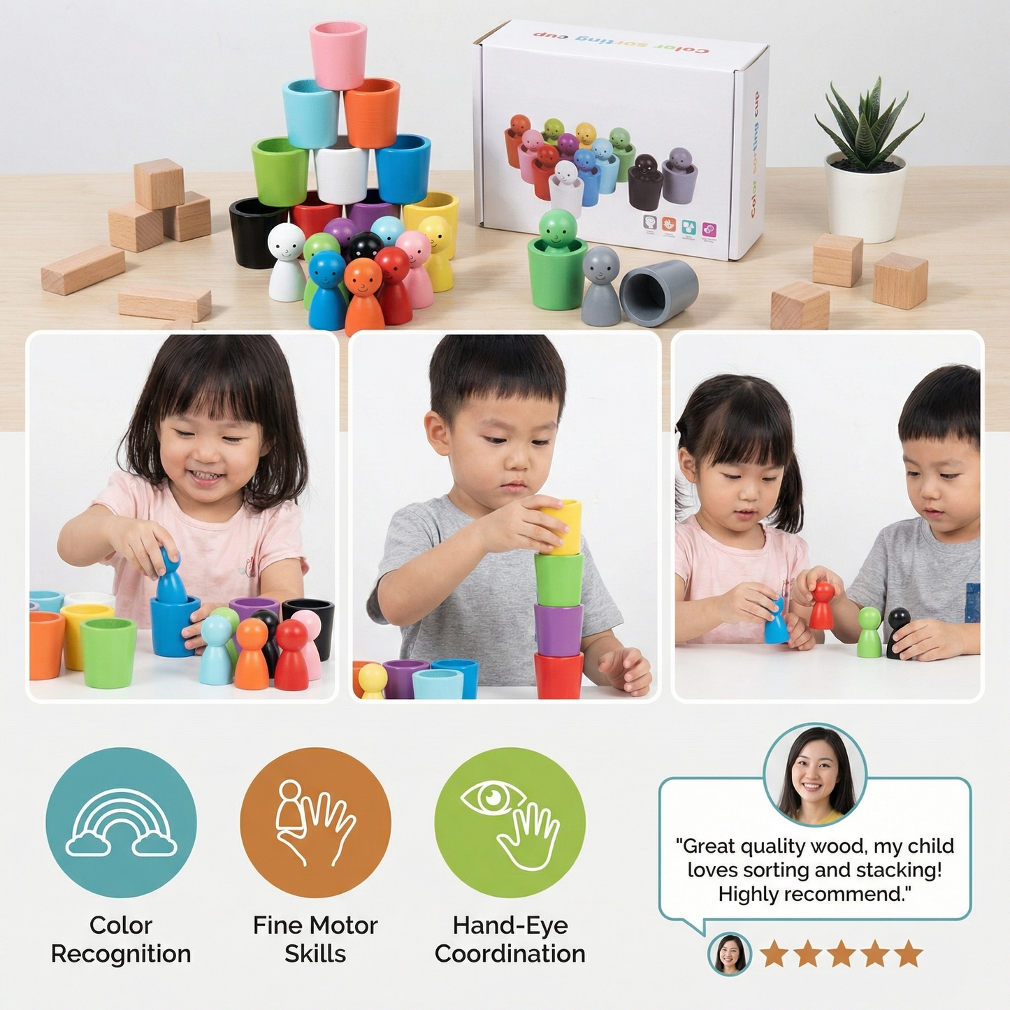 Montessori Colour Sorting Cups Learning Toy Made of Wood