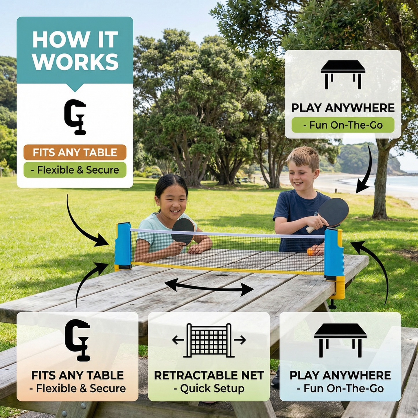 Adjustable Table Tennis Set - Fits Any Table
